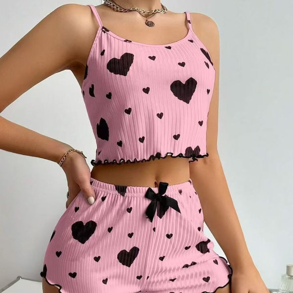 Women's Romantic Heart Print Cami & Shorts Pajama Set - Soft Ribbed Nightwear