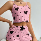 Women's Romantic Heart Print Cami & Shorts Pajama Set - Soft Ribbed Nightwear