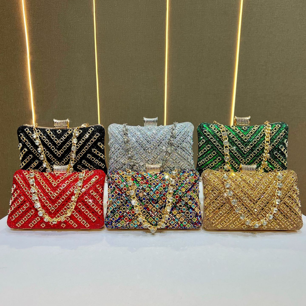 Luxury Rhinestone & Pearl Encrusted Evening Clutch - Elegant Geometric Pattern Party Purse with Detachable Chain Strap