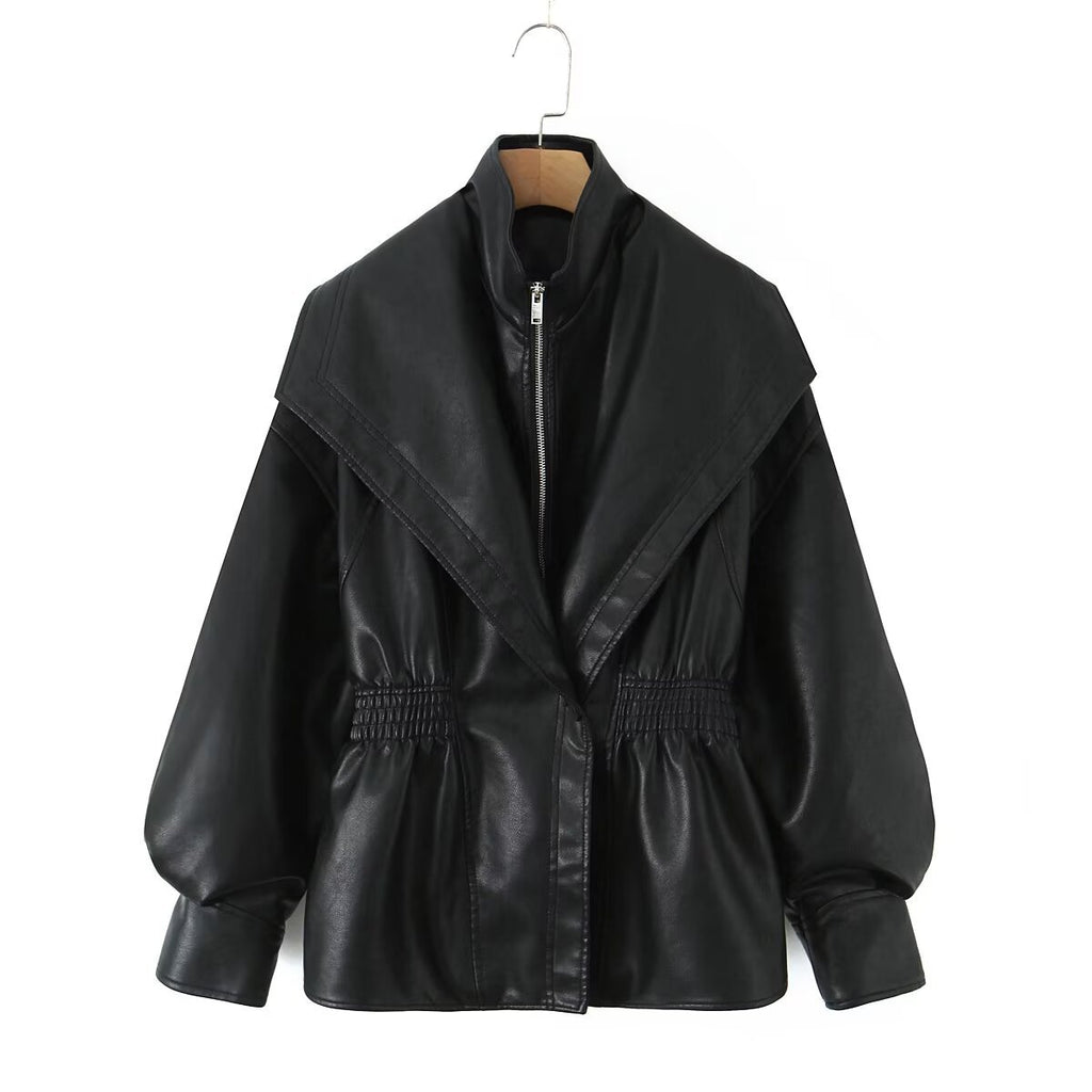 Turn-down Collar Loose Leather Jacket Womens Top