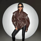 Turn-down Collar Loose Leather Jacket Womens Top