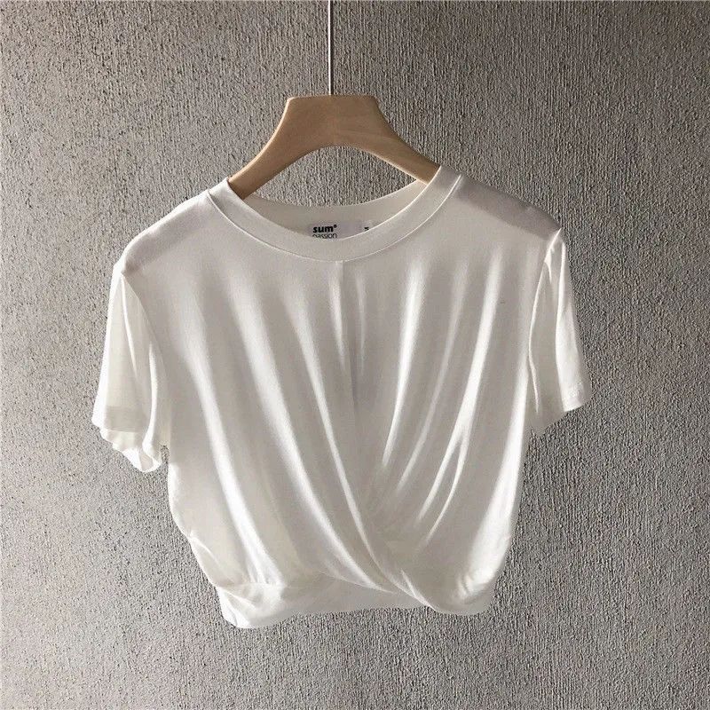 Knotted Cropped Loose-fitting Sporty Casual T-shirt