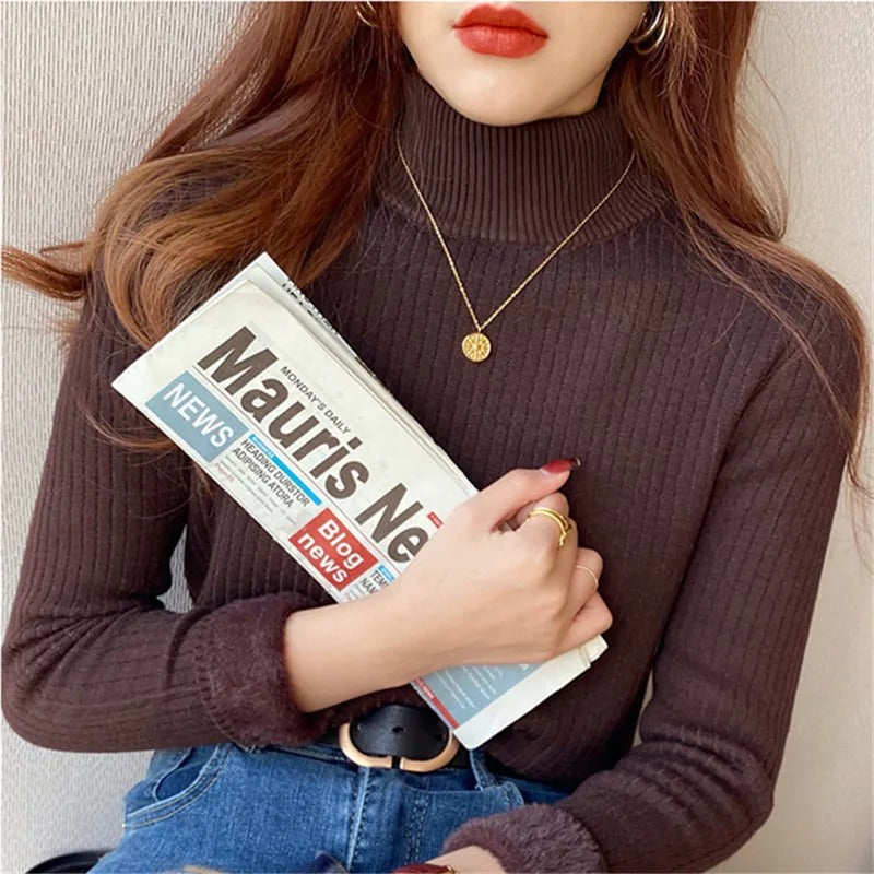 Ultra-Warm Fleece-Lined Ribbed Mock Neck Sweater – Premium Slim Fit Thermal Knit